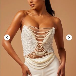 White Pearl Embellished Strapless Top with Skinny Pants Set